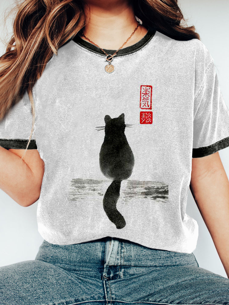 Japanese Cat Art Crew Neck Vintage Washed T Shirt elevenforest