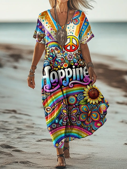 Women's Hippie Art Print Pocket Cotton Dress