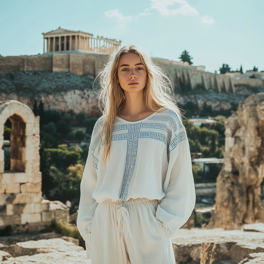 Women's Greek Key Linen Crew Neck Shirt elevenforest