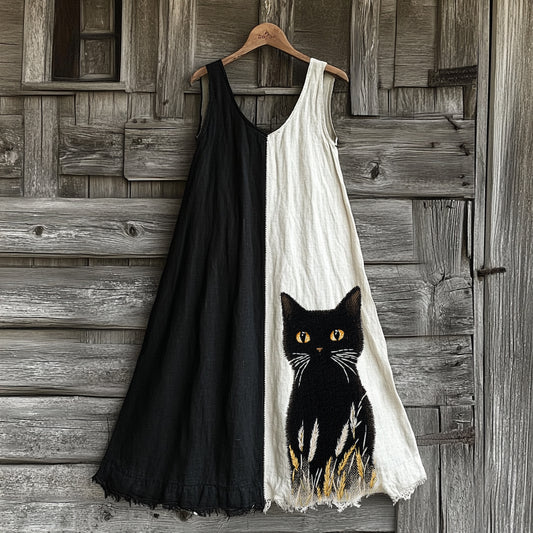 Cute Black Cat Contrasting Colors Linen Contrast Color Tank Dress elevenforest