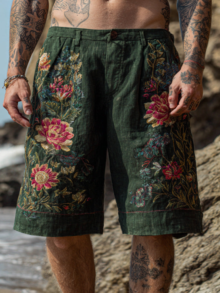 Men's Retro Bohemian Plant And Floral Embroidered Print Shorts Pants elevenforest