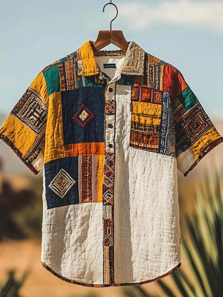 Vintage Geometric Pattern Patchwork Linen Shirt elevenforest