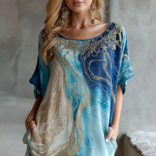 Vintage Marble Texture Collection Bohemia Gradient Black Gilded Pattern Linen Round Neck T-shirt elevenforest