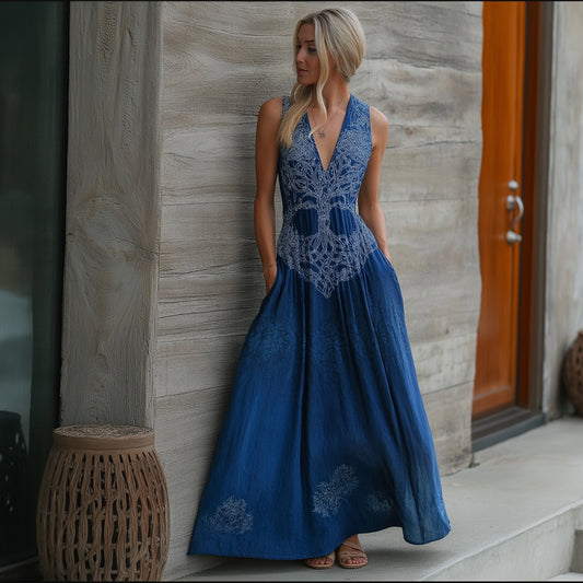 Vintage Celtic Tree Of Life Indigo Batik Art Linen Maxi Dress elevenforest