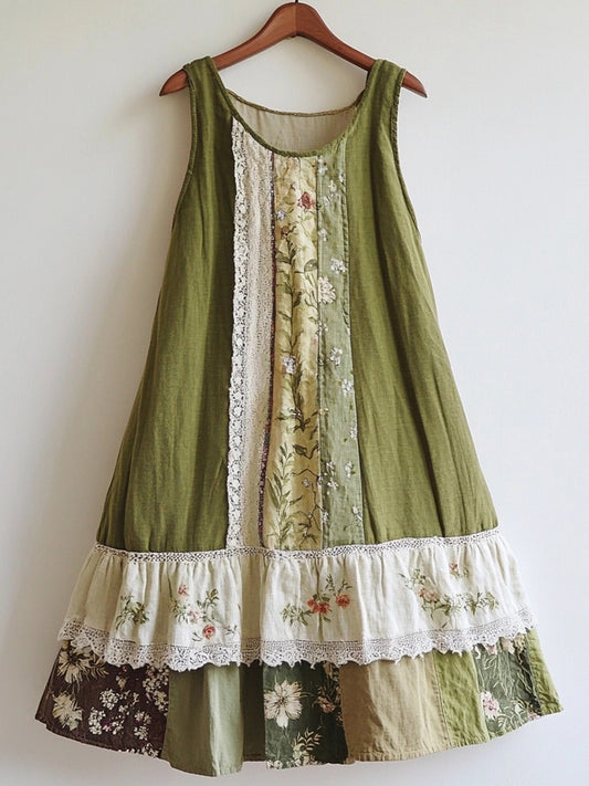 Floral Pattern Lace Patchwork Linen Blend Dress elevenforest