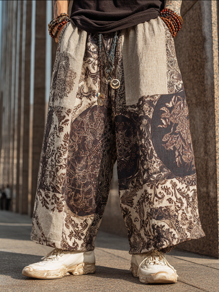 Western Bohemian Style Plant And Flower Pattern Retro Cotton And Linen Loose Wide-leg Pants elevenforest