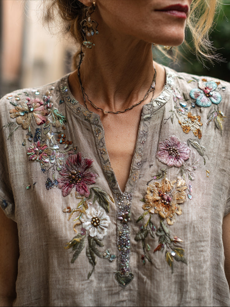 Bohemian Style Multi-colored Flower Three-dimensional Embroidery Vintage Cotton And Linen Elegant V-neck Short-sleeved Shirt elevenforest