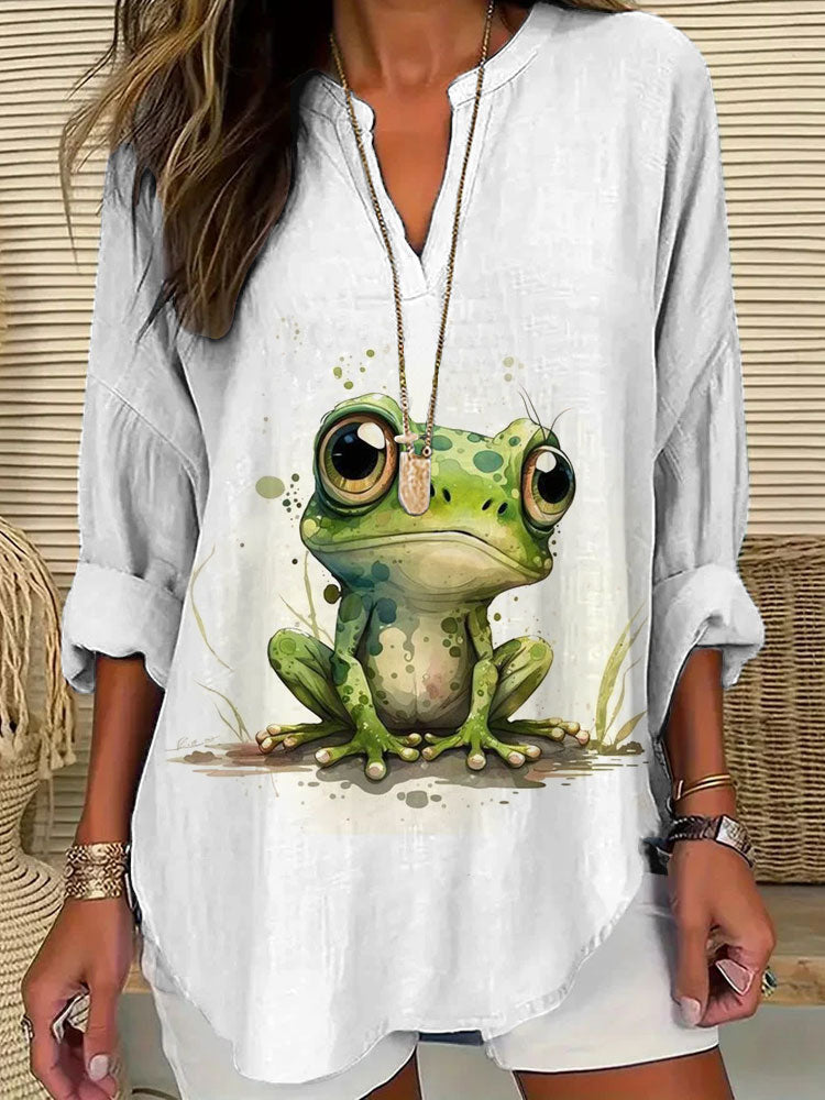 Women's Casual Watercolor Frog Cotton Blend Print T-shirt elevenforest