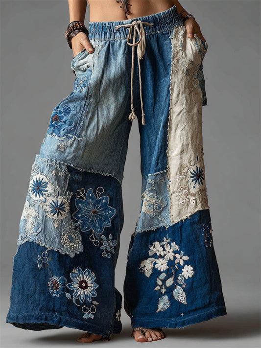 Boho Floral Lace Fiber Art Patchwork Flowy Wide Leg Pants elevenforest