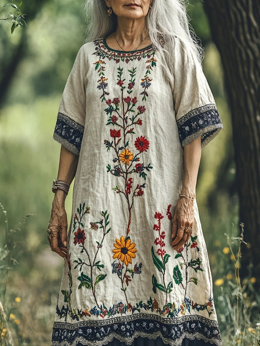 Vintage Floral Embroidery Women's Linen Short Sleeve Maxi Dress elevenforest