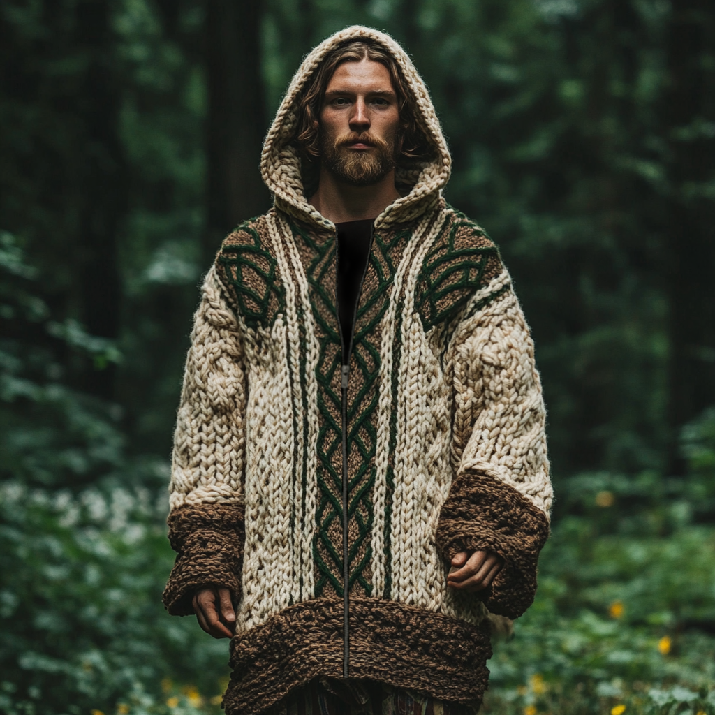 Men's Irish Celtic Knotted Chunky Knit Zipper Hooded Coat artswardrobe