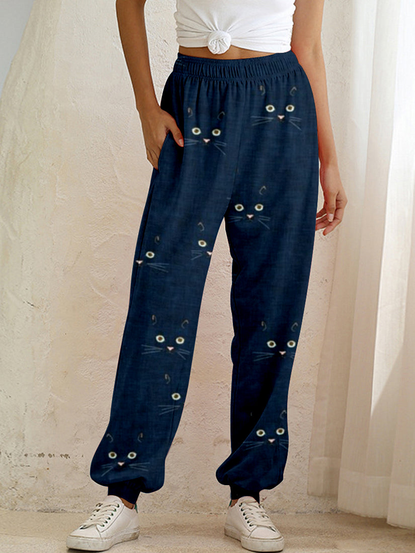 Cute Cat Face Pattern Cozy Sweatpants elevenforest