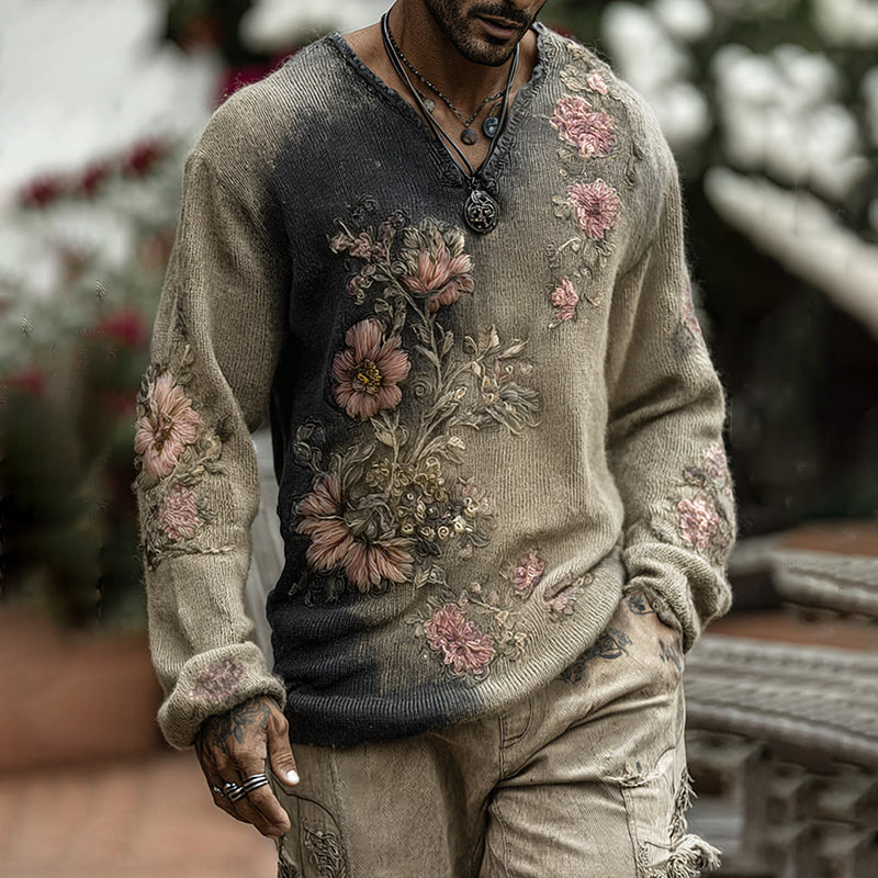 Men's Retro Floral Art Jacquard Thick Warm V Neck Sweater elevenforest