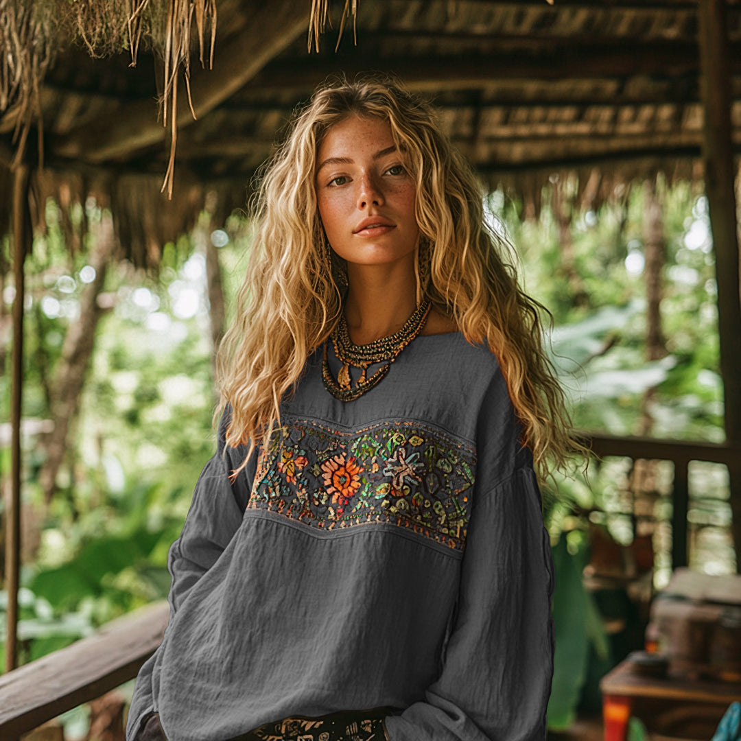 Retro Bohemian Art Embroidery Print Cotton And Linen Blend Loose Blouse artswardrobe