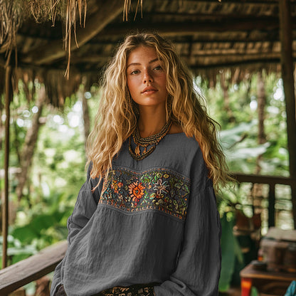 Retro Bohemian Art Embroidery Print Cotton And Linen Blend Loose Blouse artswardrobe