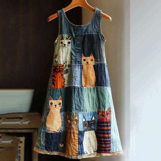 Casual Pop Art Patchwork Denim Cat Dress elevenforest