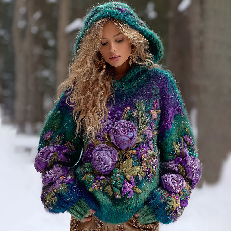 Women's Gradient Rose And Floral Flannel Knitted Warm Hooded Sweater elevenforest