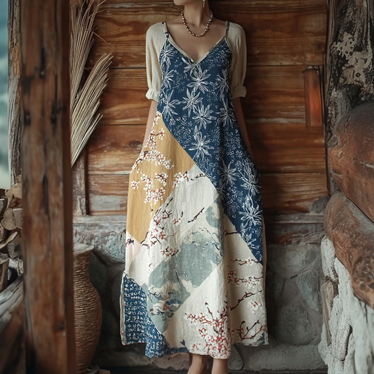 Comstylish Japanese Art Retro Patchwork Design Casual Dress