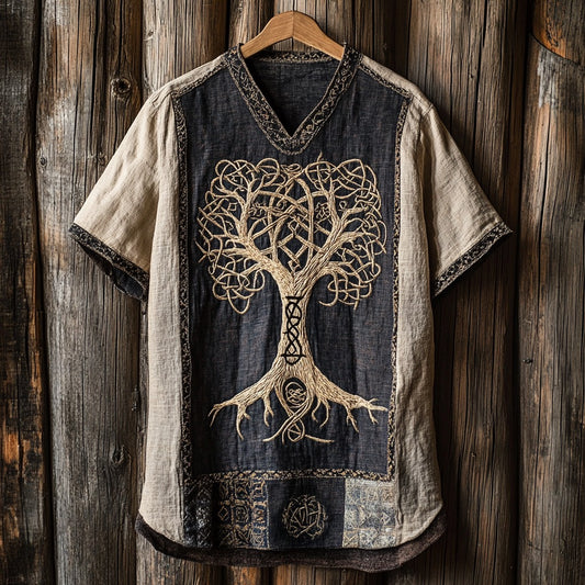 Men's Tribal Life Of Tree Celtic Art Linen V-neck T Shirt elevenforest