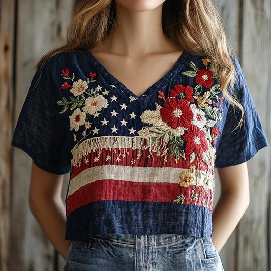 Comstylish Independence Day Vintage Floral Embroidery Women's Linen V-neck T-shirt