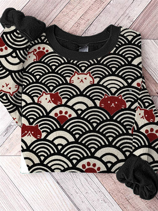 Japanese Art Wave and Cat Print Vintage Sweatshirt elevenforest