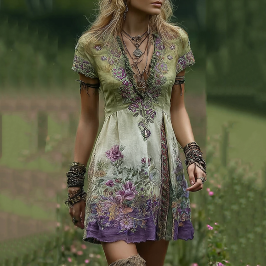 Vintage Gradient Purple Floral Embroidered Patchwork Linen Midi Dress elevenforest