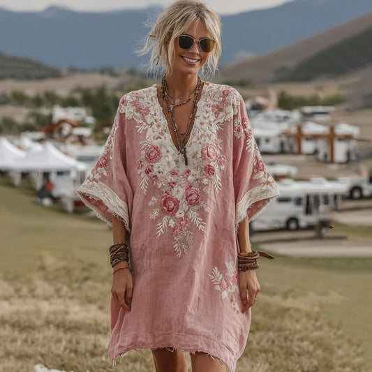Rose Embroidered Gradient Linen Mini Dress elevenforest
