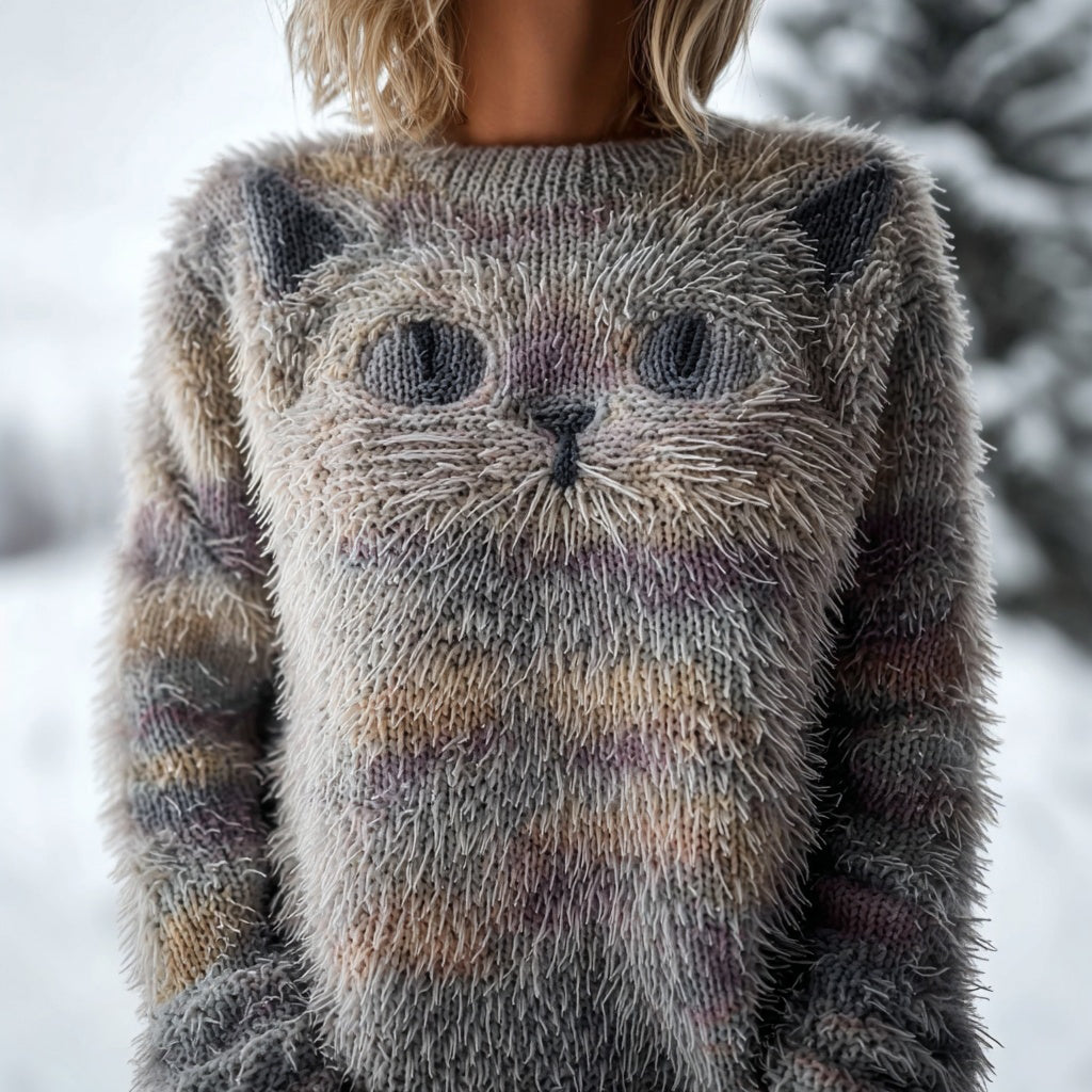 Cute Fuzzy Cat Embroidered Vintage Cozy Sweater elevenforest