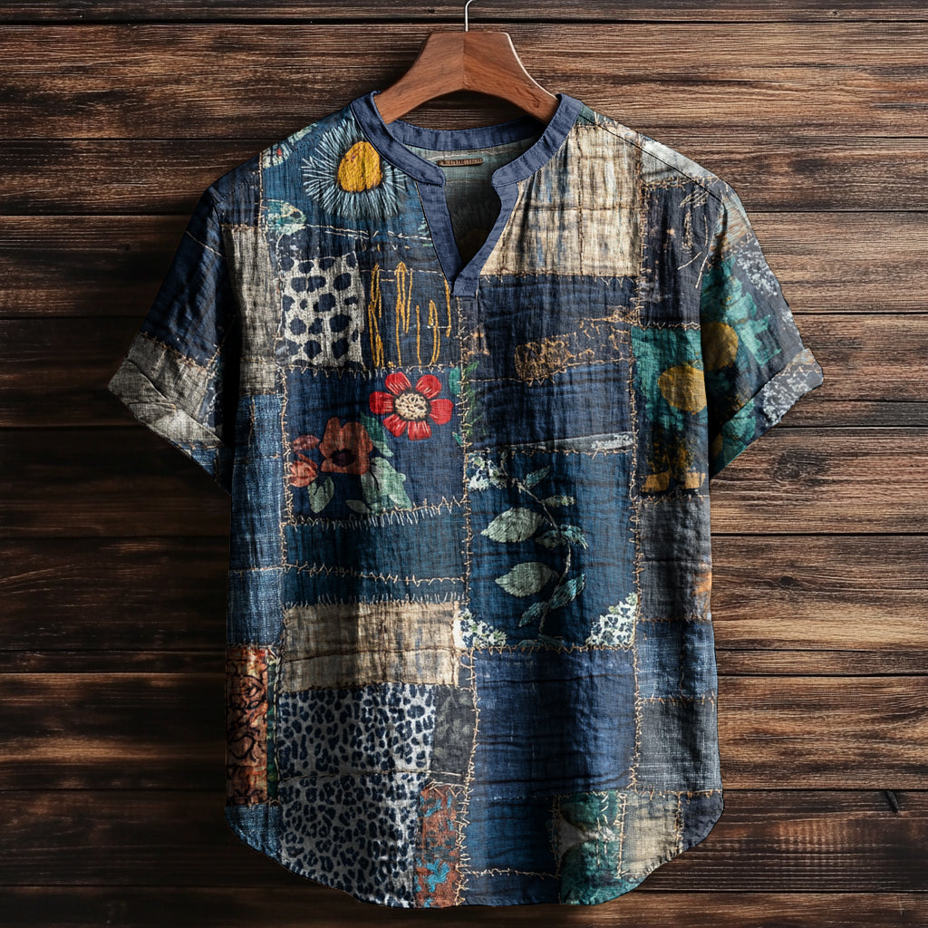 Men's Boho Floral Mosaic Contrasting Colors Vintage Shirt elevenforest