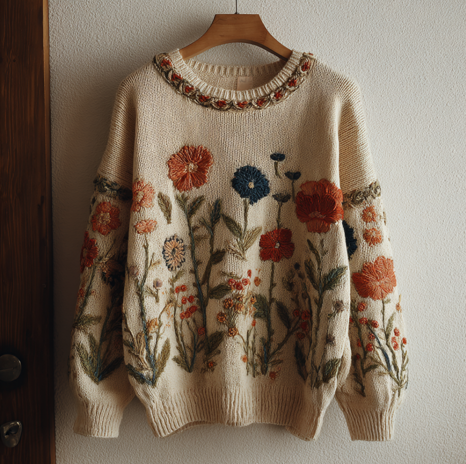 Bohemian Style Plant And Flower Embroidery Pattern Women's Round Neck Knitted Sweater elevenforest