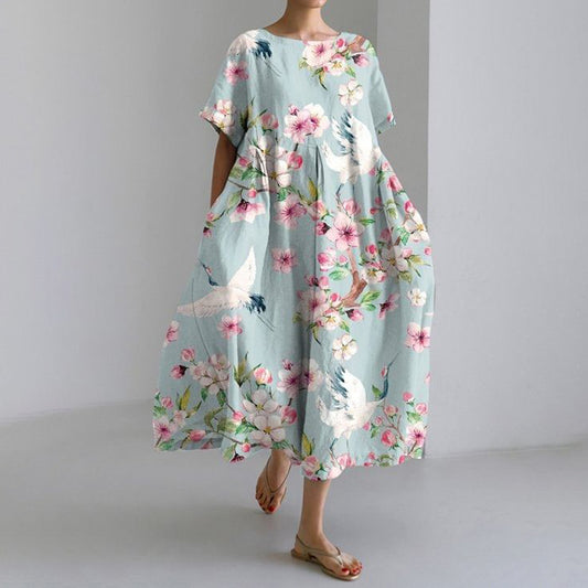 Crane Print Round Neck Short Sleeve Casual Midi Dress elevenforest