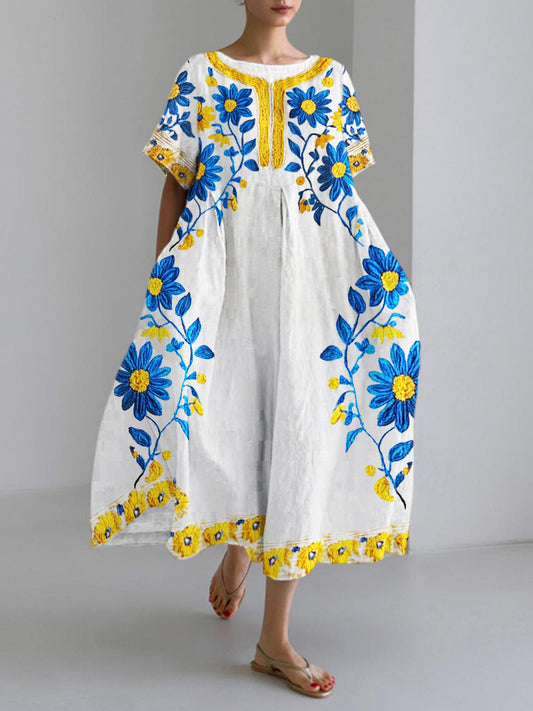 Ukrainian Ethnic Yellow And Blue Floral Embroidery Women's Linen Dress elevenforest