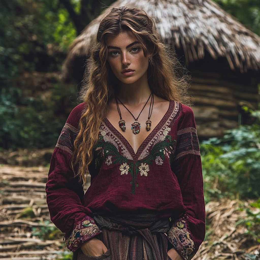 Retro Bohemian Tribal Art Embroidery Print Cotton And Linen V-neck Loose Shirt elevenforest