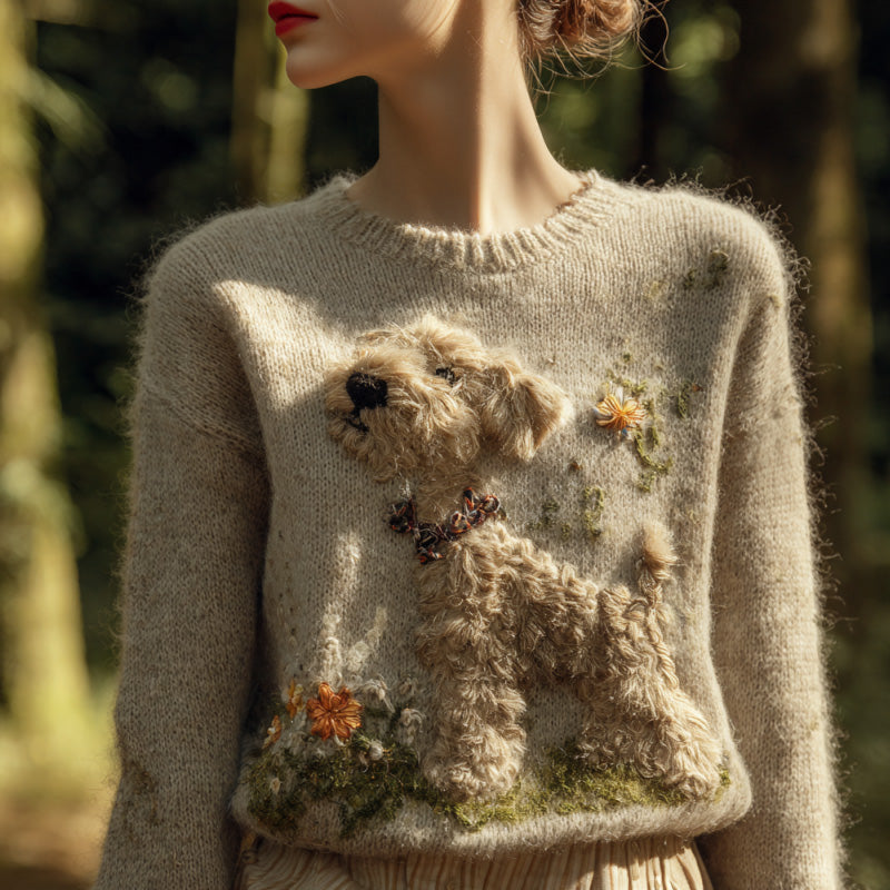 Comstylish Women's Vintage Mohair Dog Embroidered Sweater