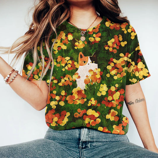 Women's Flower And Cat Art Print Crew Neck Short Sleeve T-shirt elevenforest