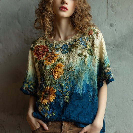 Women‘s Vintage Flower Embroidery Gradient Round Neck Linen Blend T-shirt elevenforest