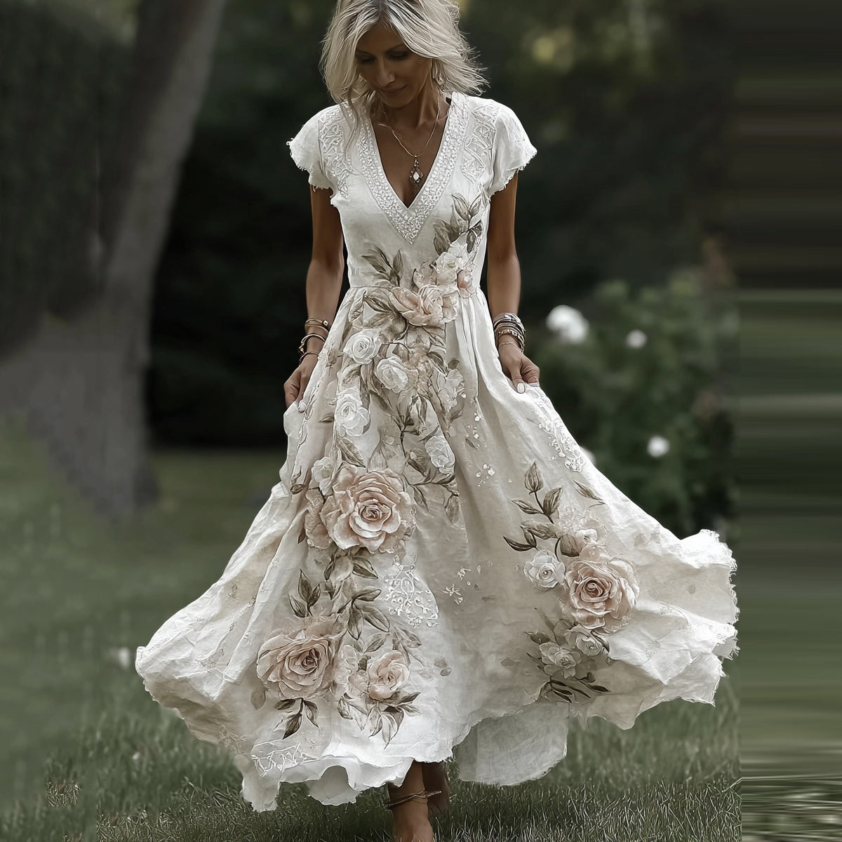 Women's  Vintage Floral Embroidered Art Pattern Short Sleeve Midi Dress elevenforest