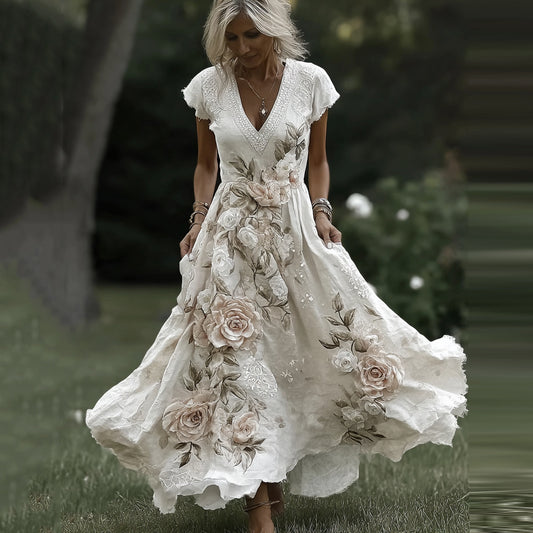 Women's  Vintage Floral Embroidered Art Pattern Short Sleeve Midi Dress elevenforest