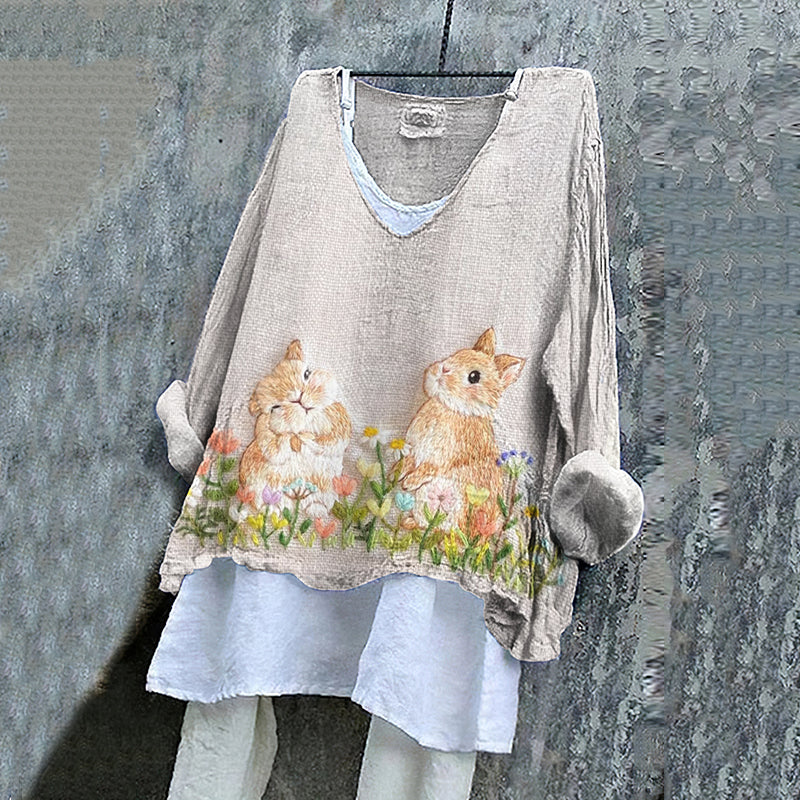 Women's Cute Bunny Floral Embroidery Pattern Linen Blend Shirt elevenforest
