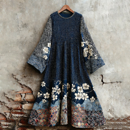 Comstylish Women's Traditional Japanese Sashiko Art Round Neck Dress