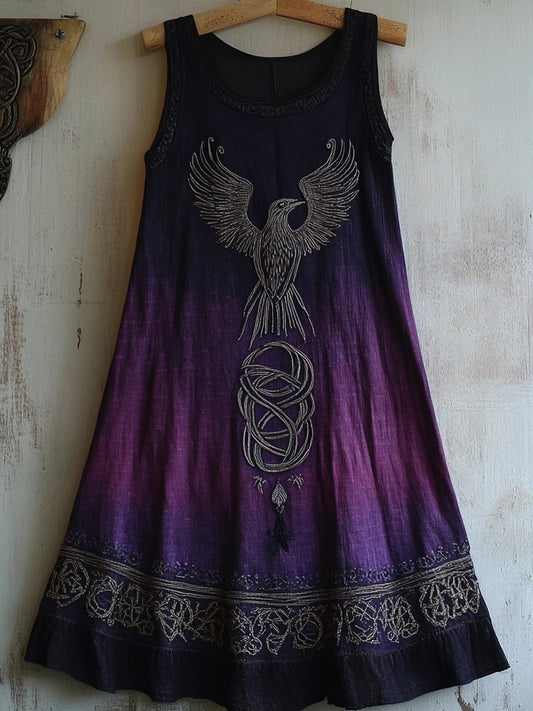 Vintage Celtic Raven Embroidered Purple Gradient Tank Dress elevenforest