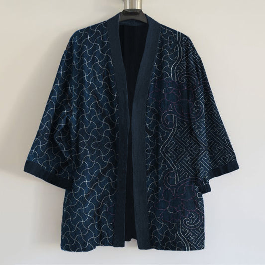 Japanese Traditional Sashiko Art Print Linen Blend Kimono Cardigan elevenforest