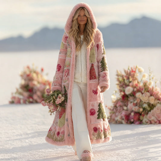 Women's Patchwork Floral Christmas Tree Print Plush Hooded Coat elevenforest