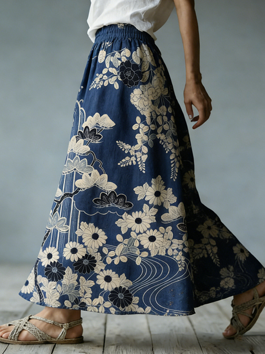 Comstylish Japanese Art Retro Style Plant Flower Print Women's Half-length Dress