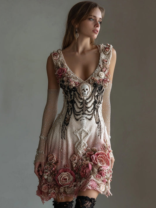 Vintage Skull Roses Glitter Gradient V Neck Mini Dress elevenforest