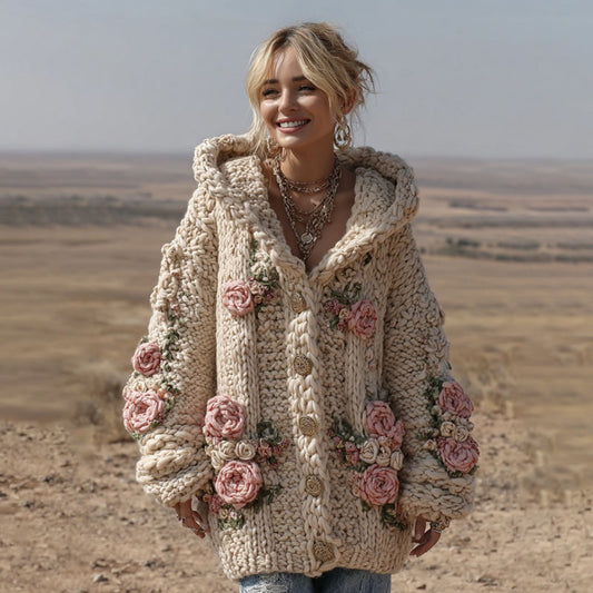 Women's Vintage Pink Floral Art Cozy Knit Hooded Cardigan elevenforest