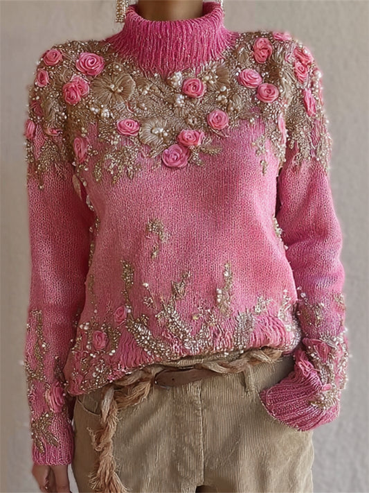 Classy Pink Roses Glitter Cozy Knit Turtleneck Sweater elevenforest
