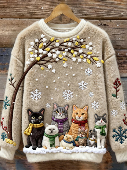 Christmas Cats Embroidery Women's Cozy Plush Sweater elevenforest