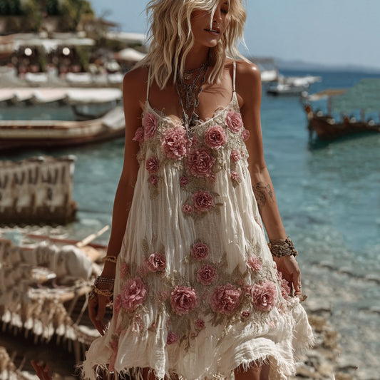 Women's Vintage Floral Embroidery Art Comfy Linen Mini Dress elevenforest