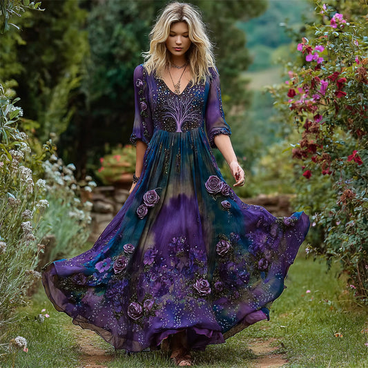 Viking Tree Of Life Embroidered Floral Women's Flowing Maxi Dress elevenforest